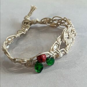MACRAME WITH FRESH WATER PEARLS  Handcrafted Beige Bracelet with Red and Green